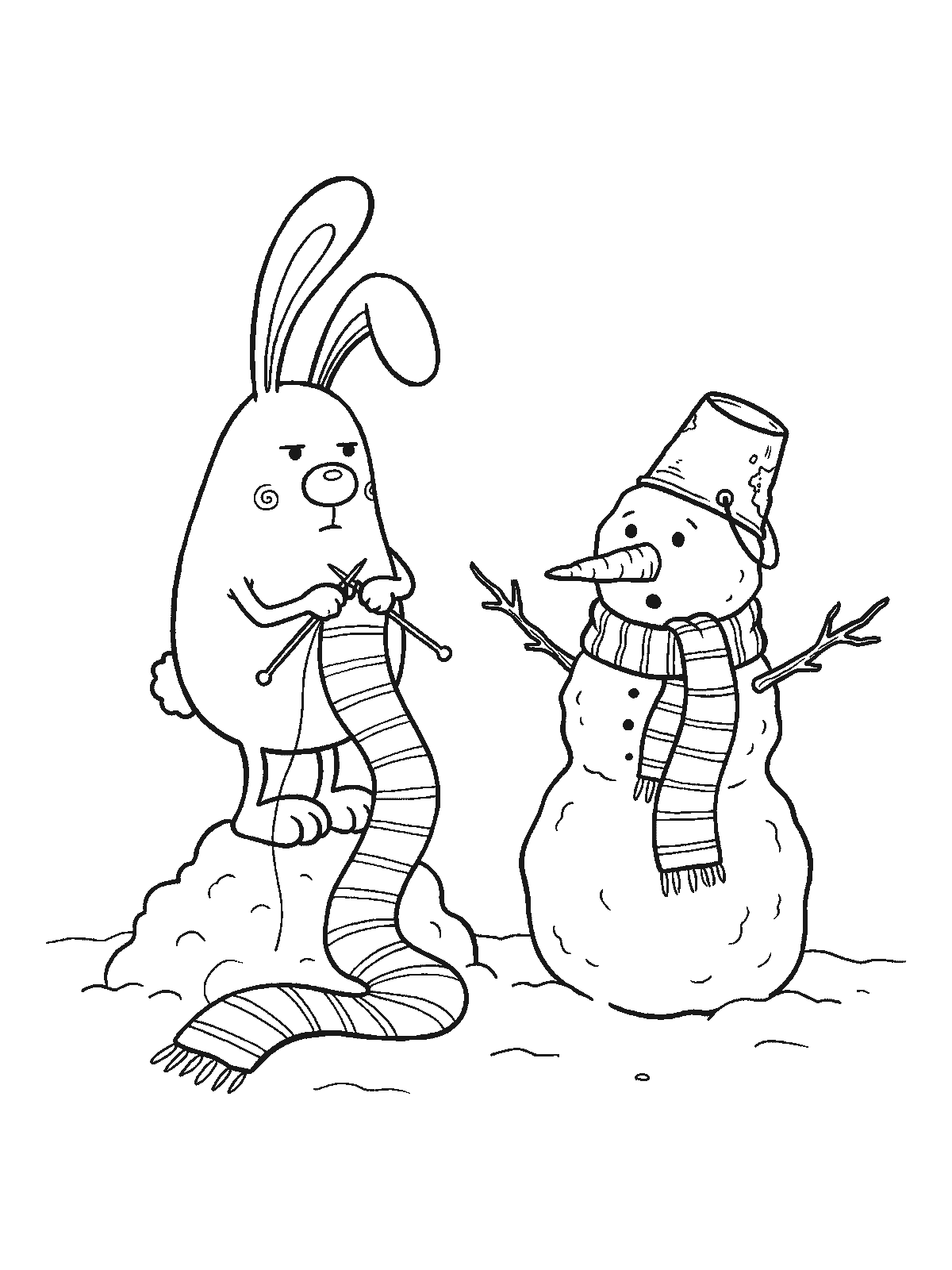 Coloring page: a bunny standing on a snow pile knitting a long striped scarf that is wrapped around a snowman with a bucket hat and carrot nose