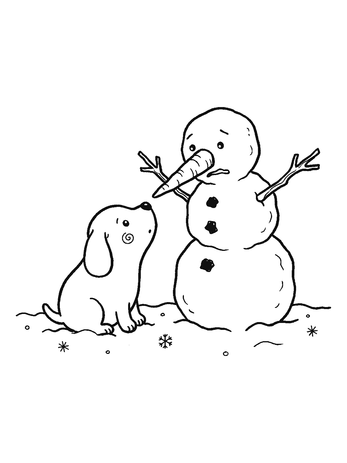 Coloring page: a puppy sitting in the snow staring at the carrot nose of a snowman while the snowman looks down nervously