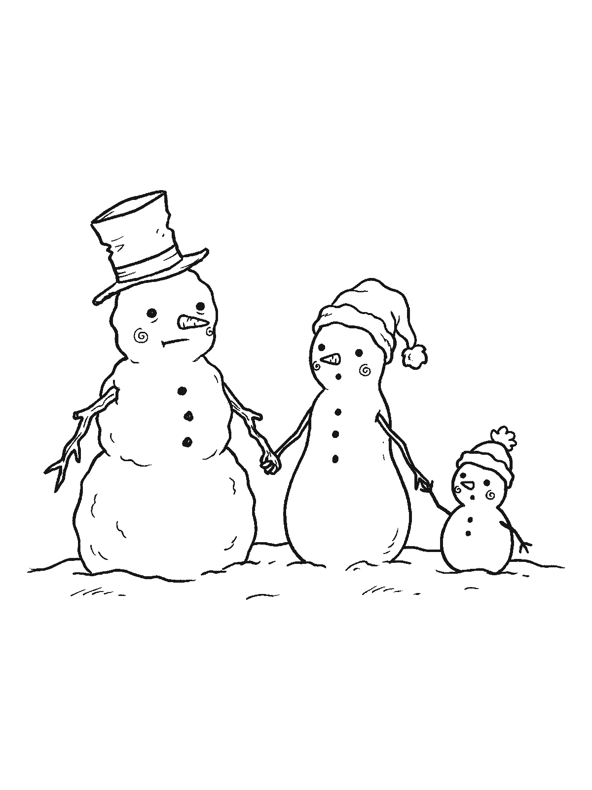 Coloring page: three snowmen of different sizes standing in a row holding stick hands, wearing a top hat, a knitted hat and a bobble hat