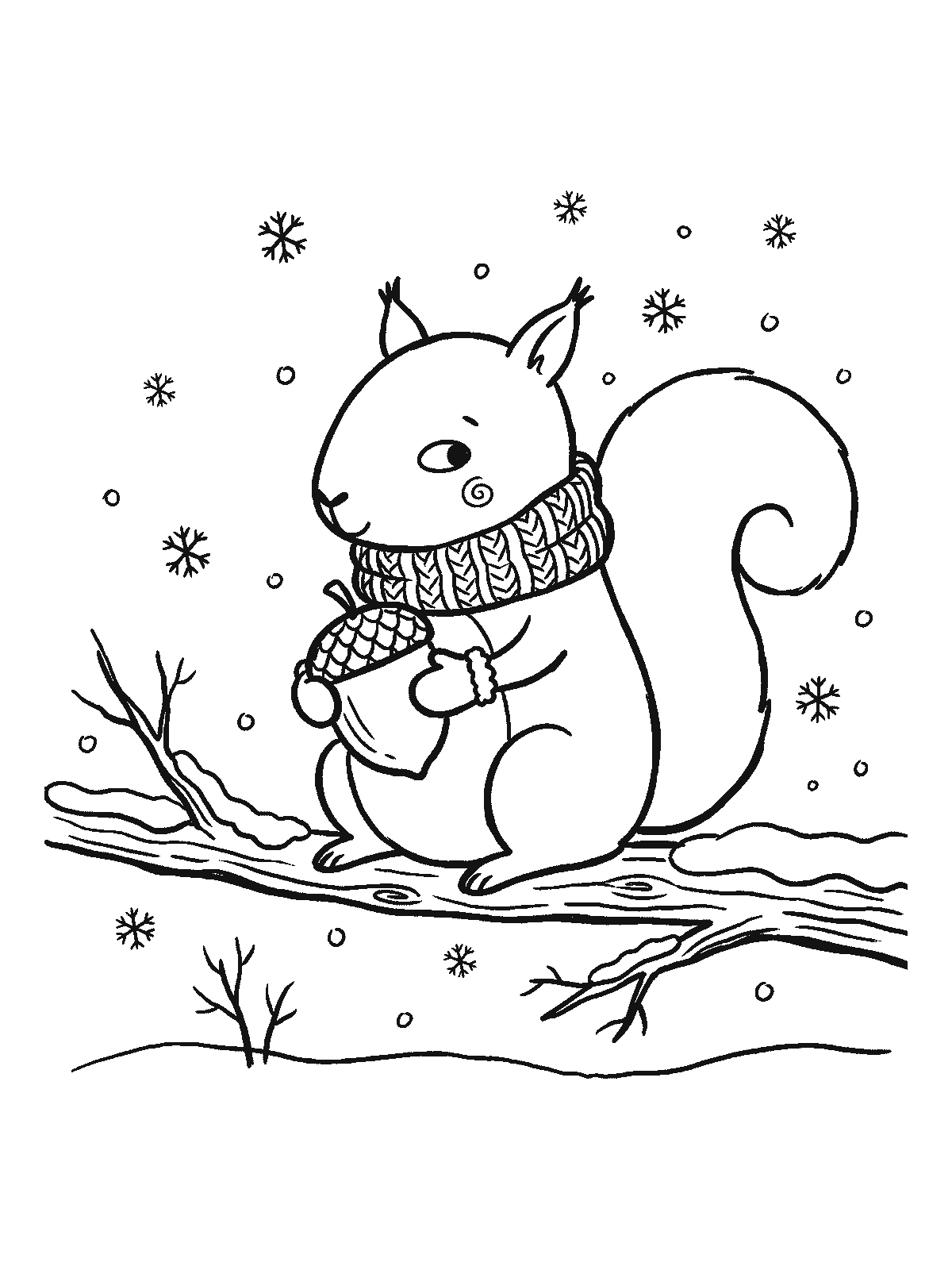Coloring page: a squirrel sitting on a snowy branch wearing tiny mittens and a knitted scarf, holding an acorn with both paws