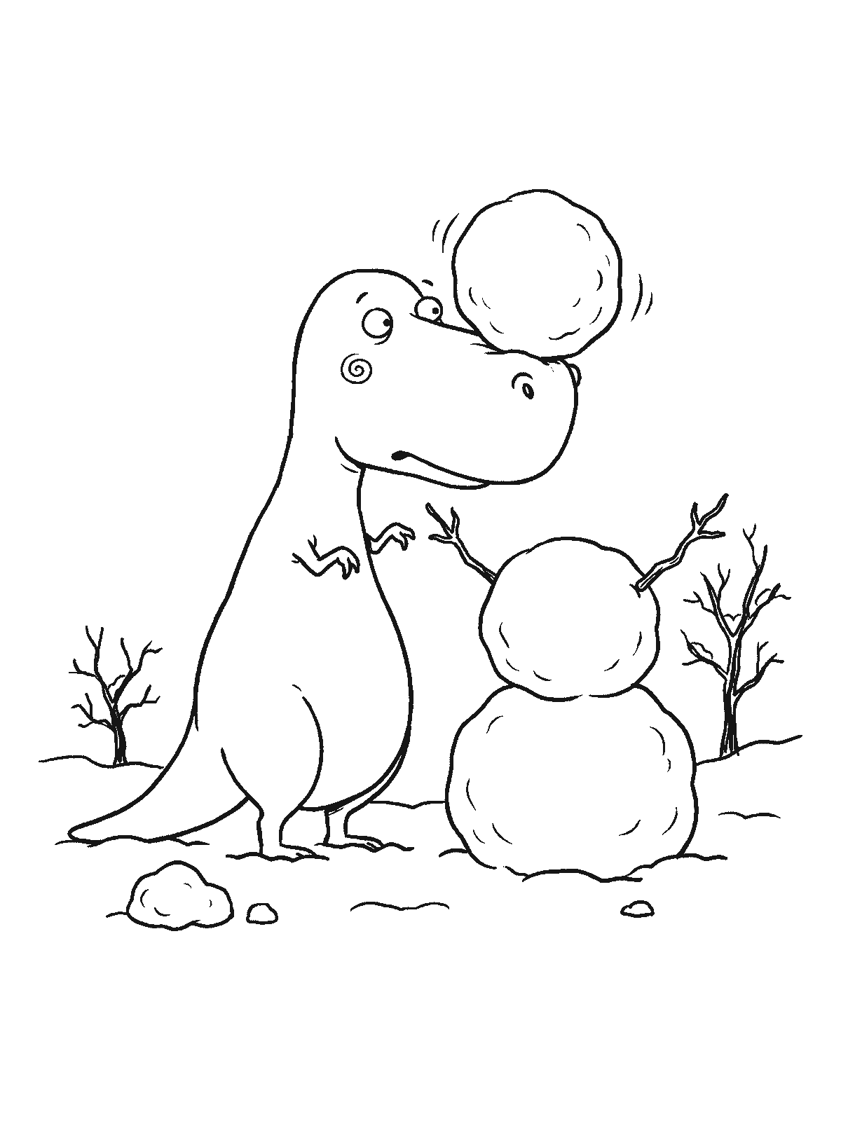 Coloring page: a T-rex building a snowman and balancing the snowman's head on its snout because its arms are too short to reach the top