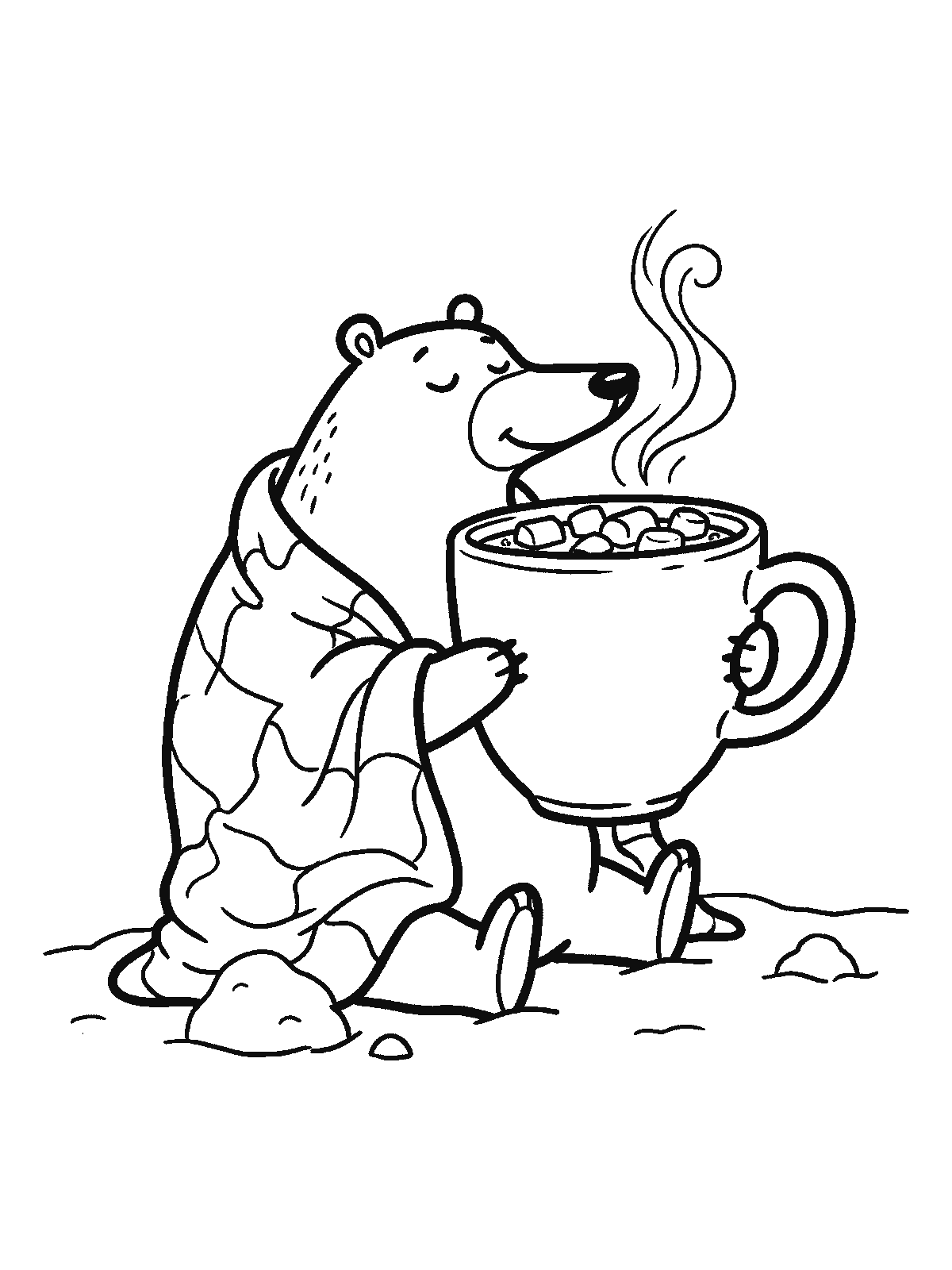 Printable coloring page: a bear wrapped in a blanket sits in the snow holding a huge mug of hot cocoa with marshmallows, with steam rising from the mug