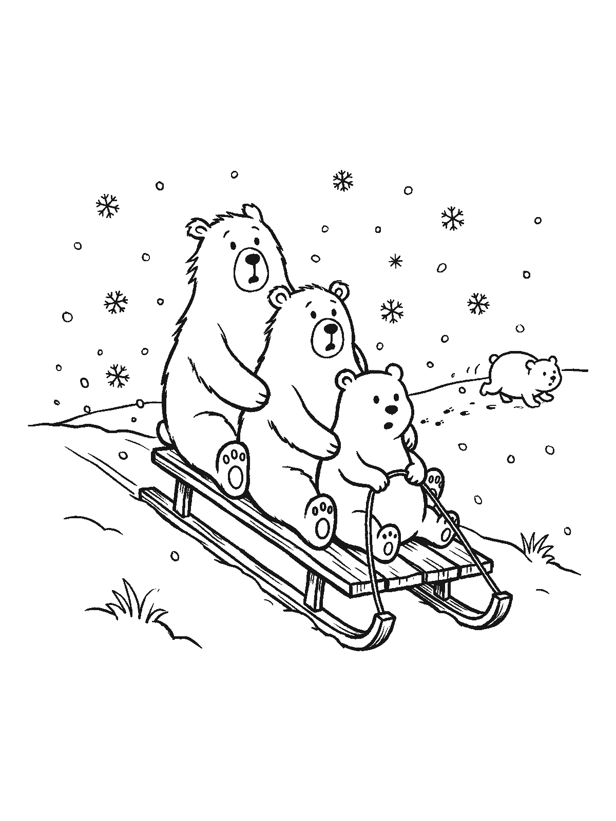 Printable coloring page: three bears squeezed onto a wooden sled speed down a hill while a small cub runs after them through the snow; snowflakes are falling
