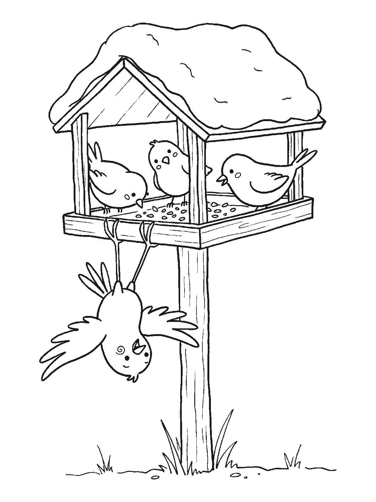 Printable coloring page: a wooden bird feeder on a post with a thick cap of snow on its roof; three birds eat seeds and a fourth happily hangs upside down under the feeder