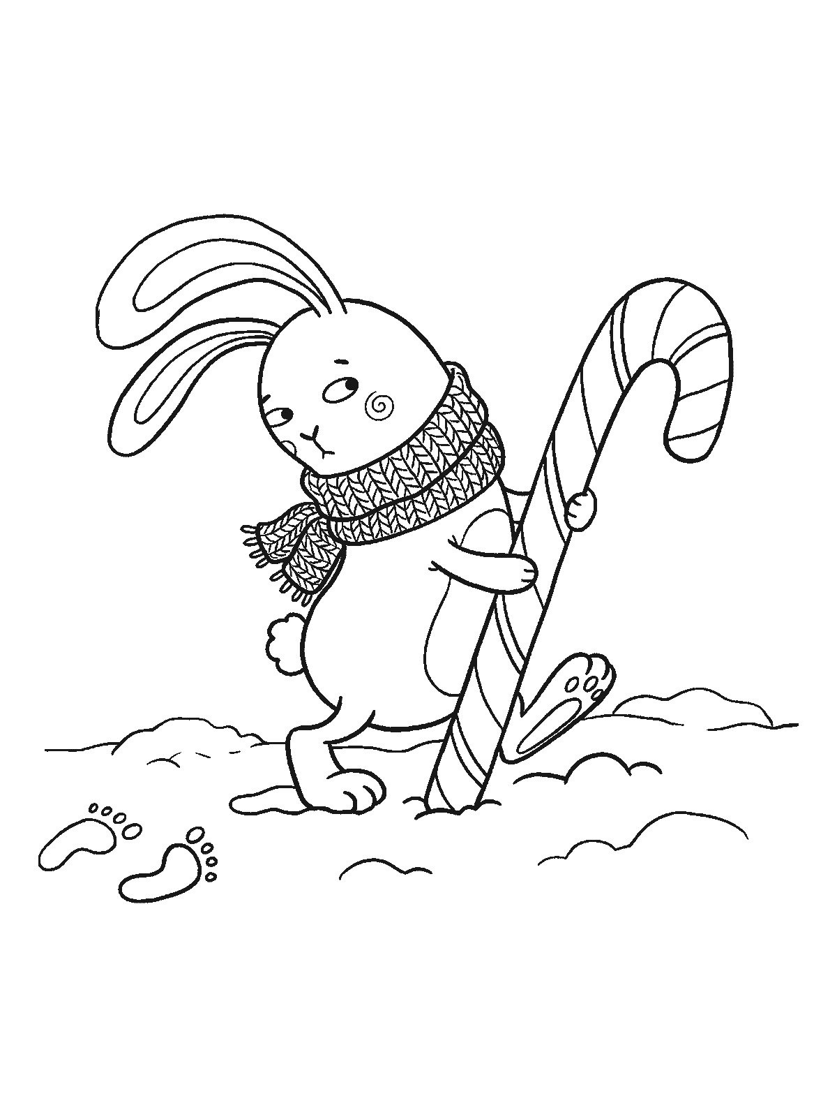 Printable coloring page: a bunny in a knitted scarf walks through the snow holding a giant striped candy cane like a walking stick