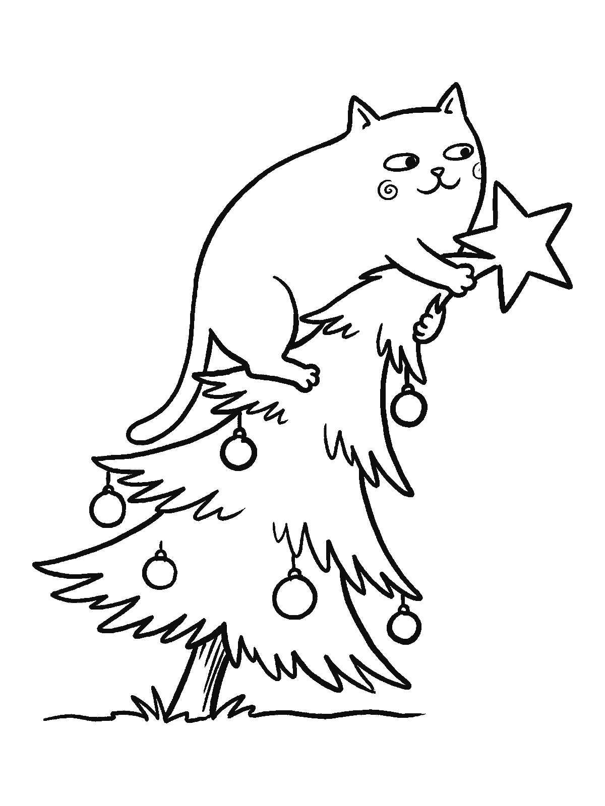 Printable coloring page: a pleased cat sits on top of a leaning Christmas tree decorated with ornaments, holding the star in its paws