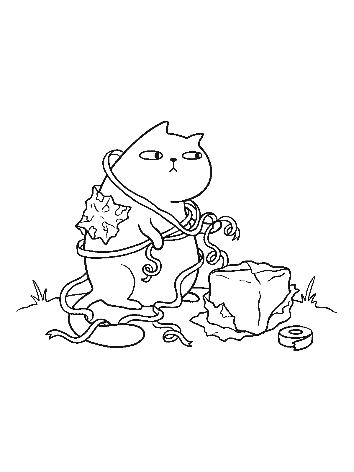 Printable coloring page: a cat sits next to a wrapped box, wound up in a long curly ribbon with a piece of wrapping paper stuck to its back; a roll of tape lies nearby