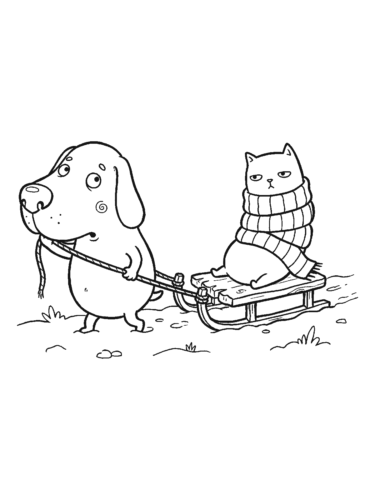 Printable coloring page: a dog pulls a wooden sled by a rope, and on the sled sits a cat in a thick scarf looking bored
