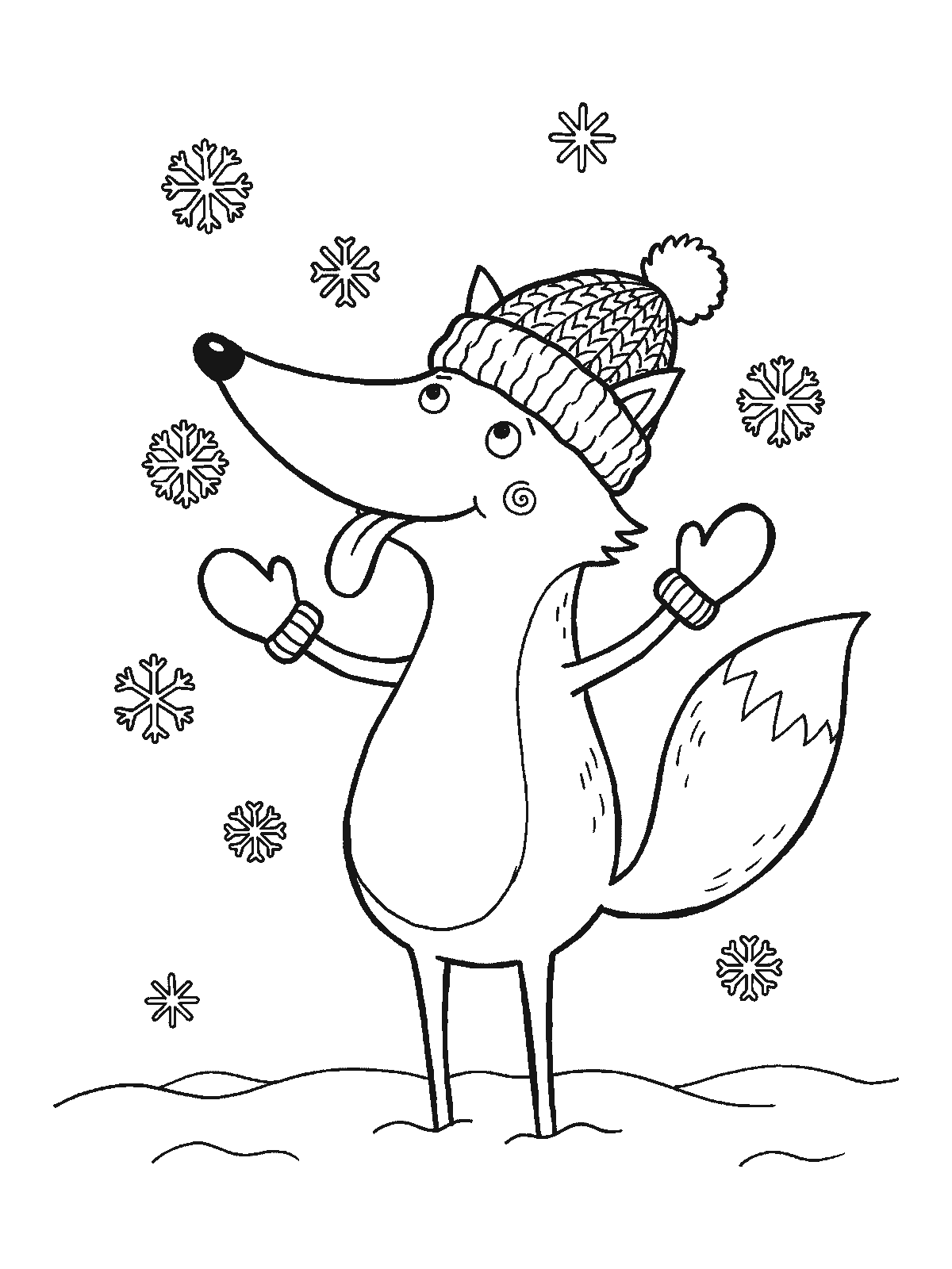 Printable coloring page: a fox wearing a knitted pom-pom hat and mittens raises its paws and catches big snowflakes on its tongue