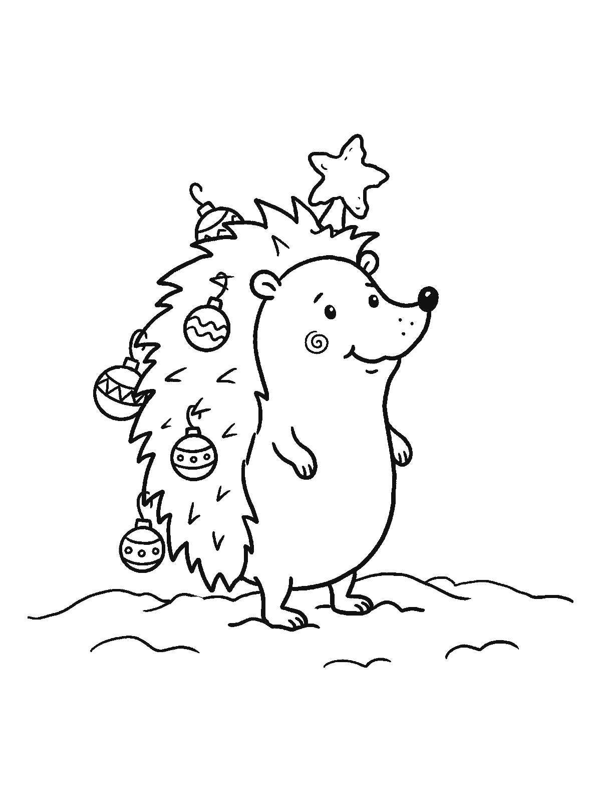 Printable coloring page: a hedgehog standing in the snow with Christmas ornaments and a star hanging on its spines like a tiny tree