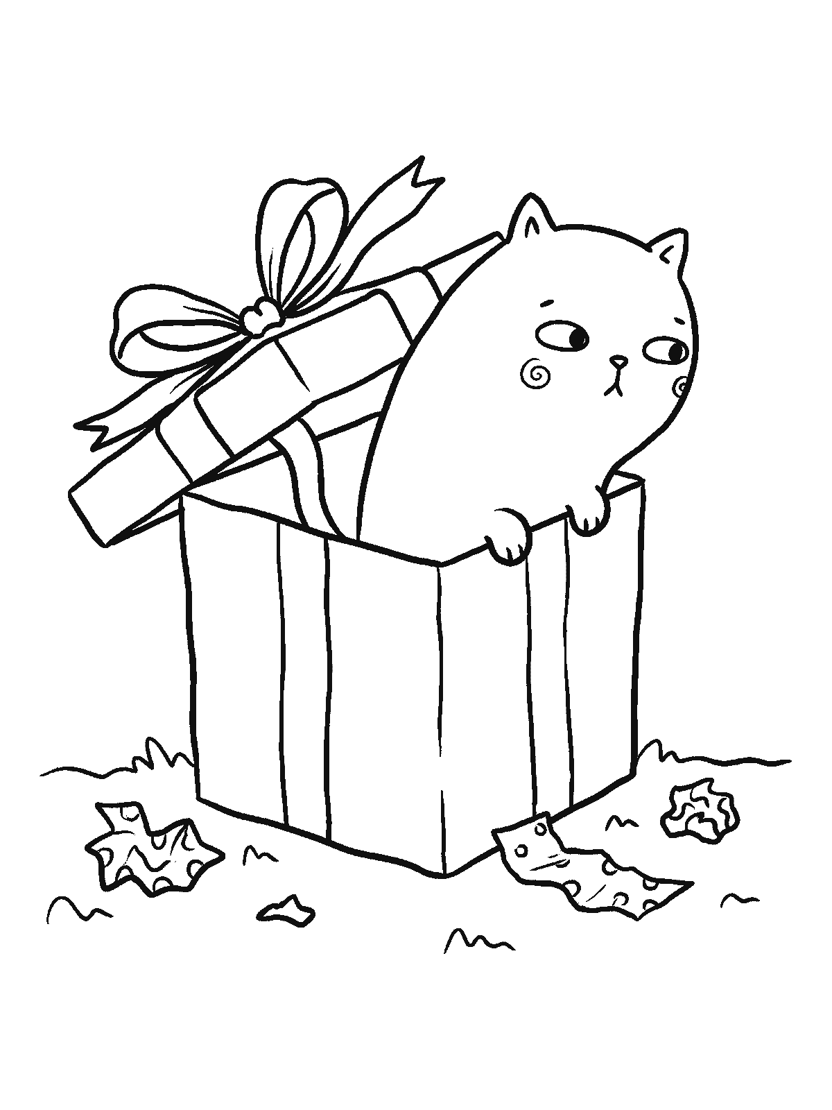 Printable coloring page: a kitten pops out of an open gift box with a bow, lifting the lid with its head and glancing sideways; scraps of paper lie around