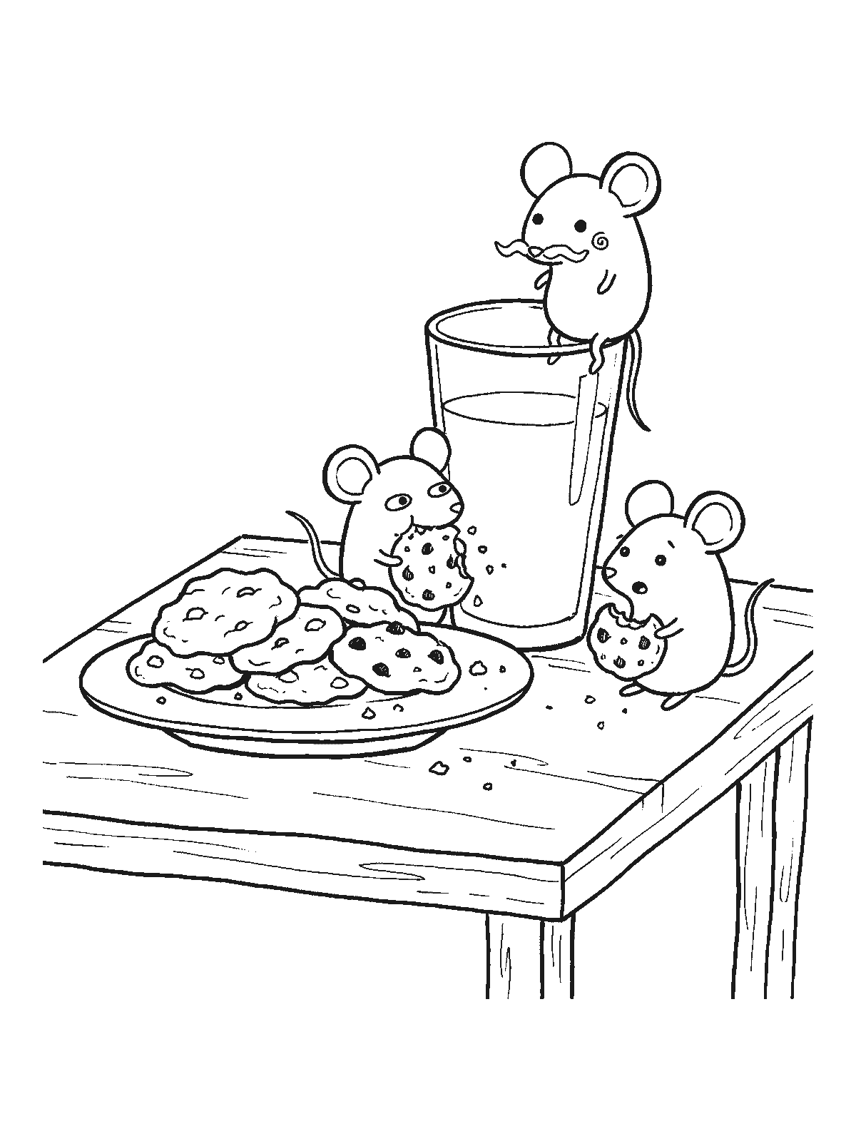 Printable coloring page: on a table sit a plate of cookies and a glass of milk; two mice are eating cookies and a third sits on the rim of the glass with a milk mustache