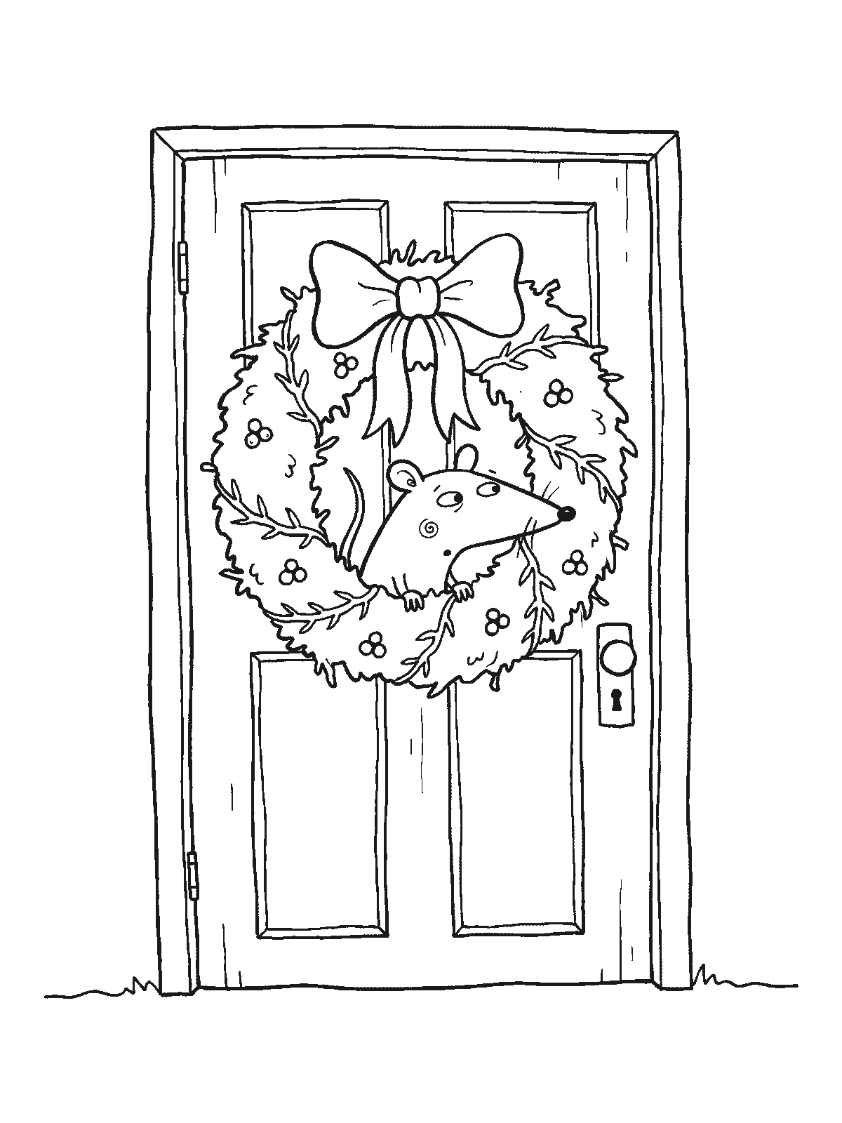 Printable coloring page: a Christmas wreath with a big bow hangs on a wooden door, and a mouse peeks out through the middle of it
