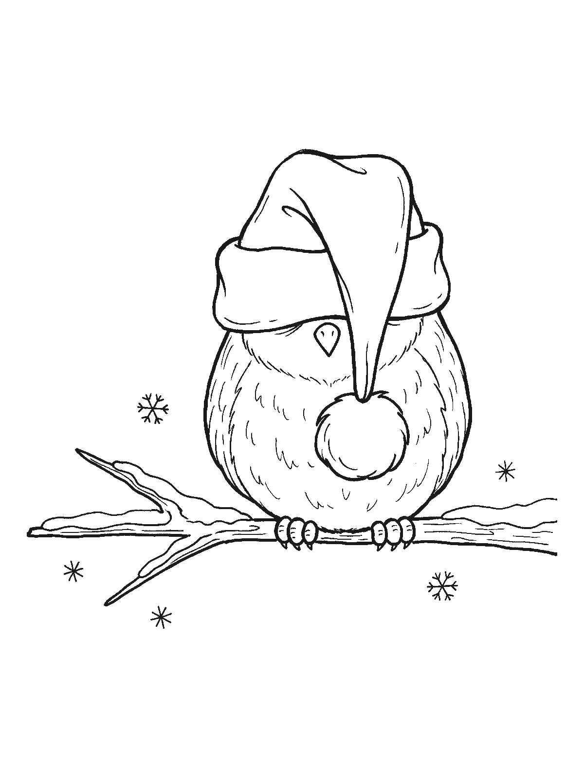 Printable coloring page: a round owl on a snowy branch wears a giant Santa hat that has slipped down over its eyes, with the pom-pom dangling in front of its beak