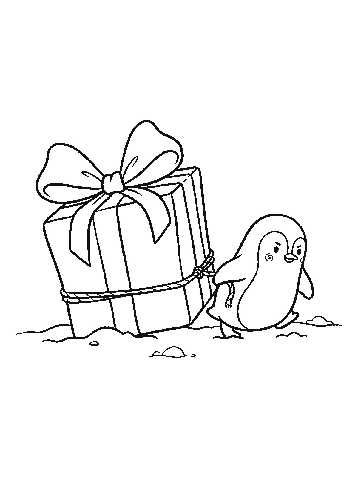 Printable coloring page: a small penguin strains to pull a huge wrapped present with a big bow by a rope