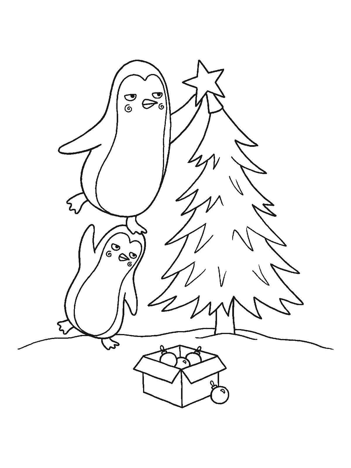 Printable coloring page: two penguins decorate a Christmas tree; one stands on the other's head and places the star on top, with a box of ornaments nearby