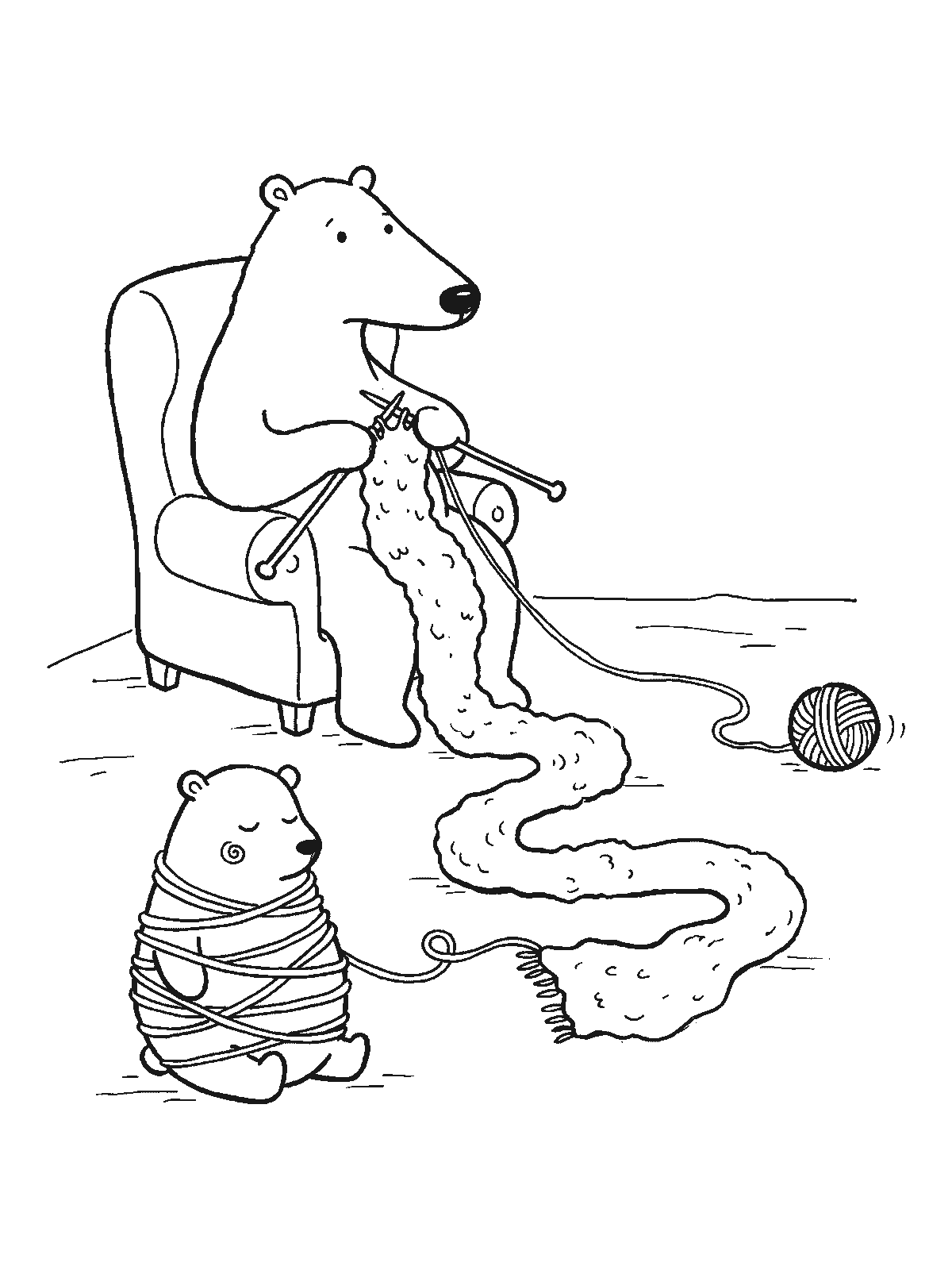 Printable coloring page: a polar bear in an armchair knits a very long scarf that stretches across the floor, next to a sleepy cub wrapped in yarn; a ball of yarn rolls away