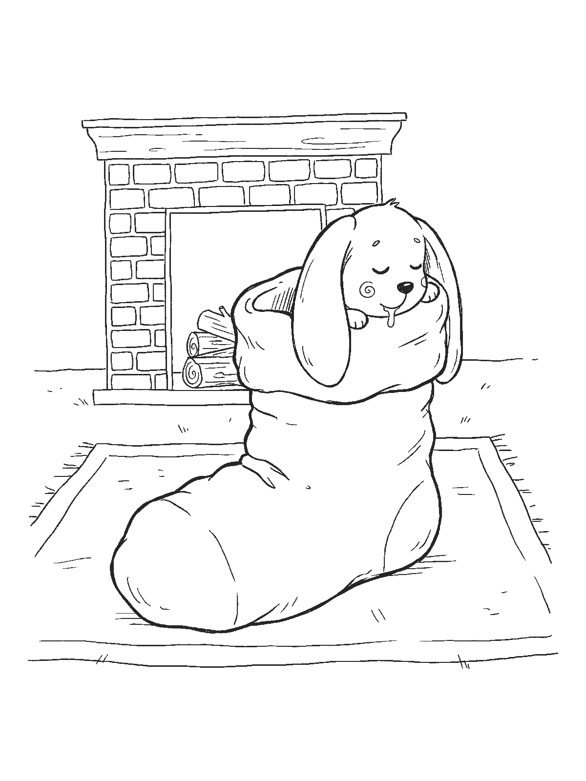 Printable coloring page: a big Christmas stocking lies on a rug in front of a fireplace with a puppy sleeping inside, only its head and ears poking out