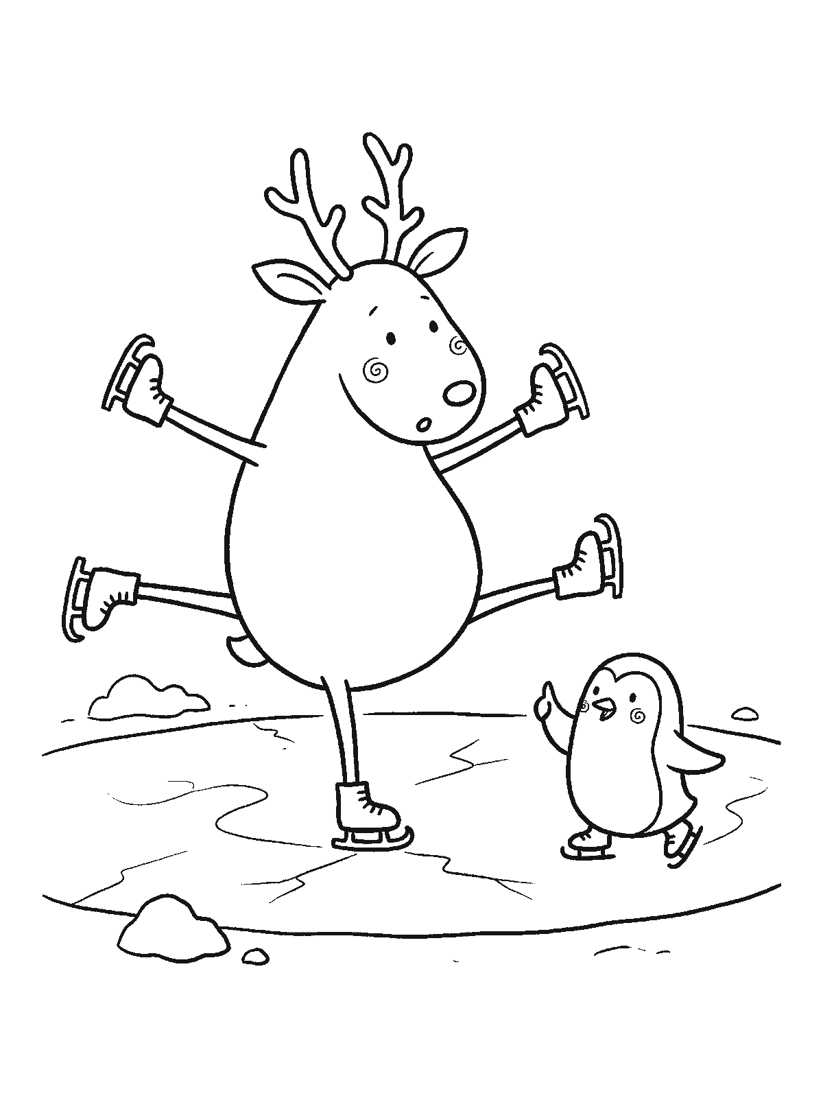 Printable coloring page: on a frozen pond a reindeer with skates on all four hooves has its legs splayed in every direction, while a penguin on skates shows it how to skate