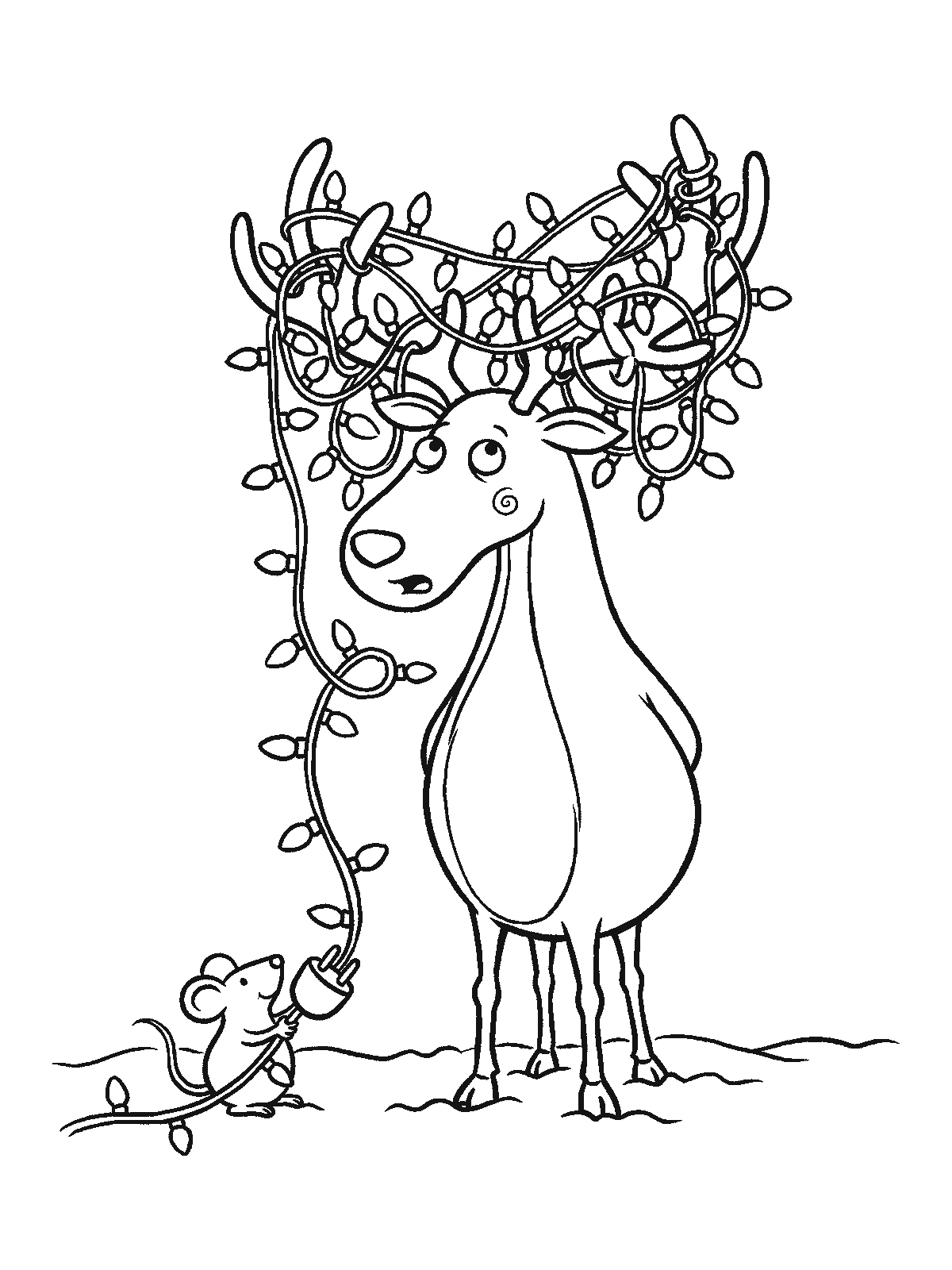 Printable coloring page: a reindeer with its antlers hopelessly tangled in a string of Christmas lights looks up cross-eyed, while a small mouse in the snow holds the plug