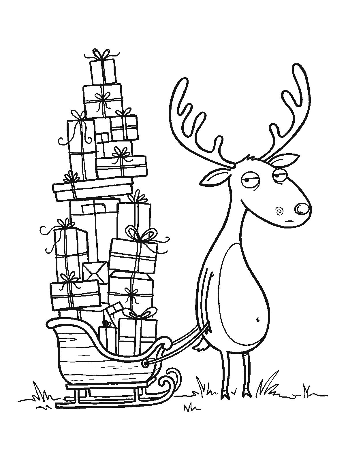 Printable coloring page: a reindeer harnessed to Santa's sleigh looks back at the sleigh, where a huge tower of wrapped presents is stacked