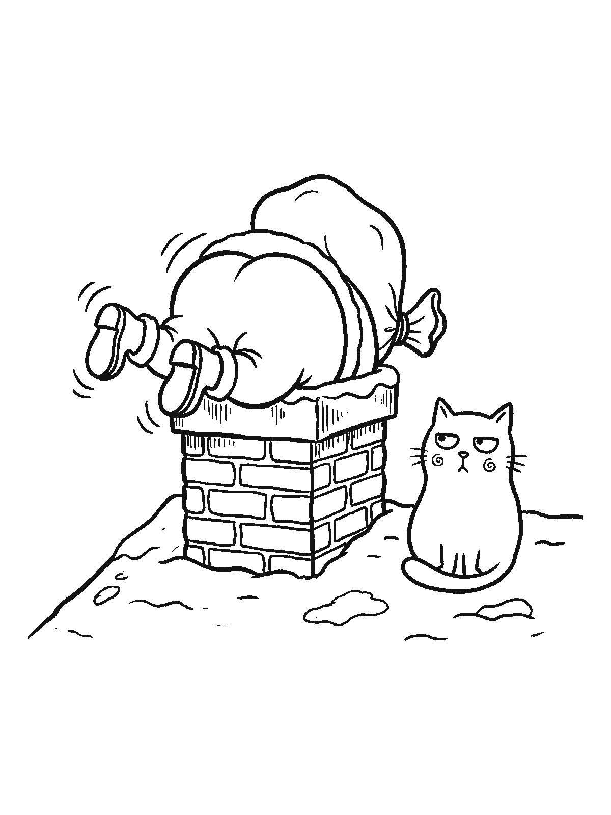 Printable coloring page: Santa Claus stuck in a brick chimney on a snowy roof, with only his booted legs and his sack of presents sticking out; a cat sits nearby giving a sideways look