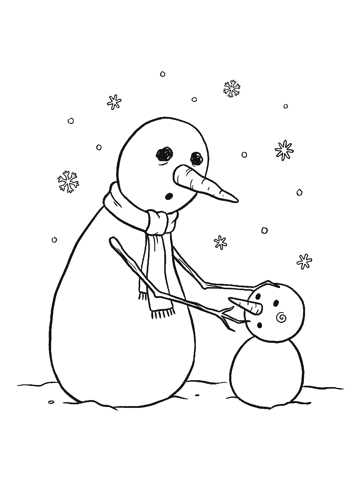 Printable coloring page: a big snowman with stick arms and a scarf puts a carrot nose on a small snowman while snowflakes fall