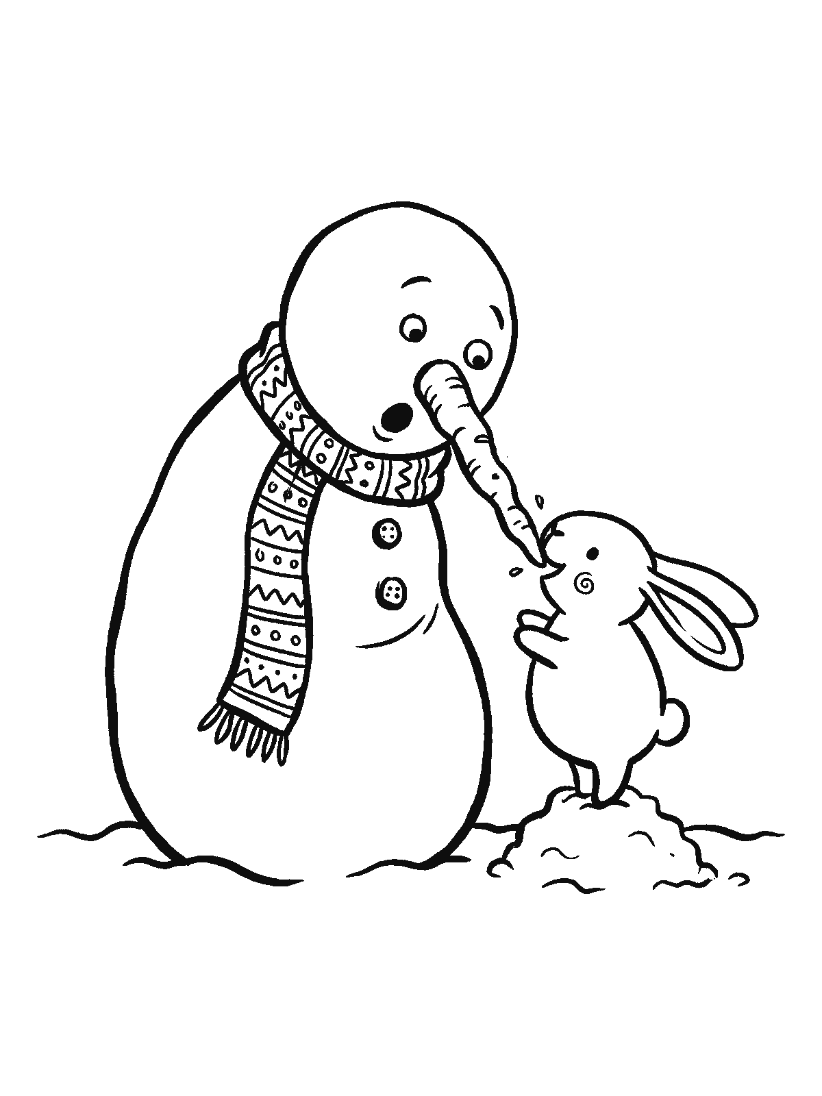 Printable coloring page: a snowman in a scarf looks down in surprise while a bunny standing on a small snow pile bites his carrot nose