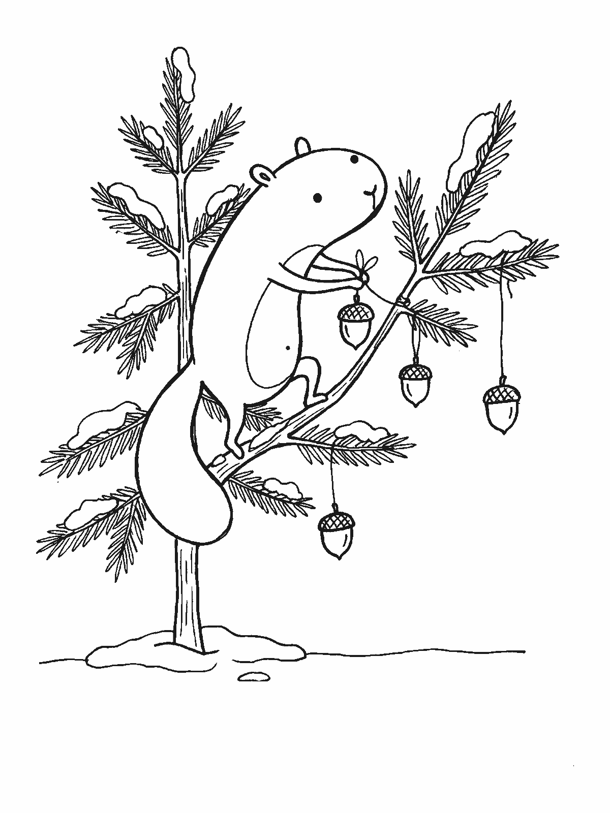 Printable coloring page: a squirrel on a small snowy fir tree hangs acorns tied on strings from the branches like Christmas ornaments