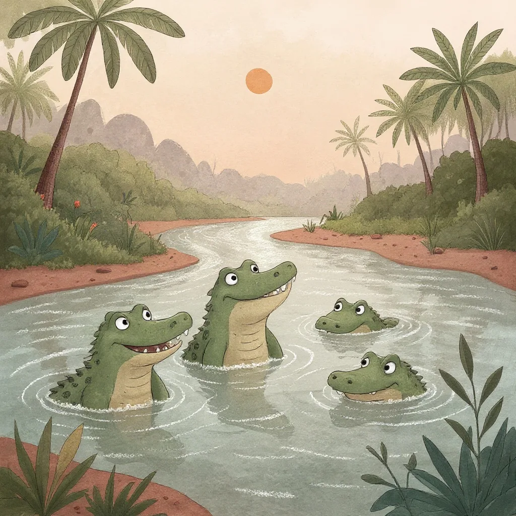 Ao ouvir isso, os jacarés pequenos começaram a gritar como se fossem coelhos, enfiando a cabeça debaixo da água.