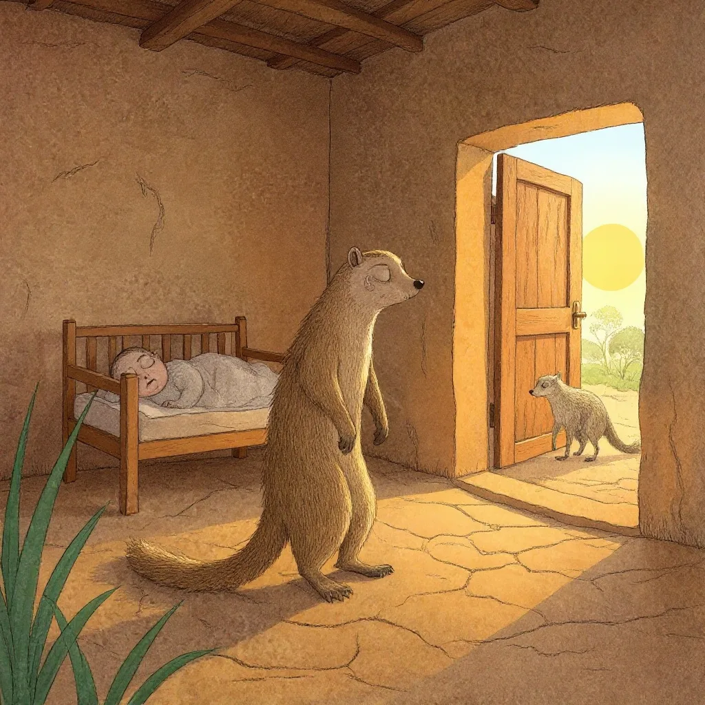 So the house was empty except for a sleeping baby and a mongoose lying across the doorway of the room.