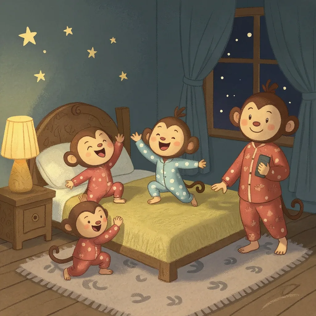 Four little monkeys jumping on the bed, One fell off and bumped his head.