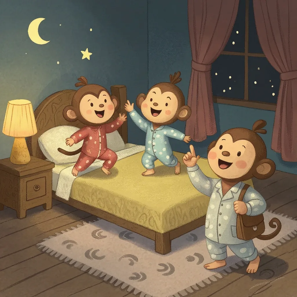 Three little monkeys jumping on the bed, One fell off and bumped his head.