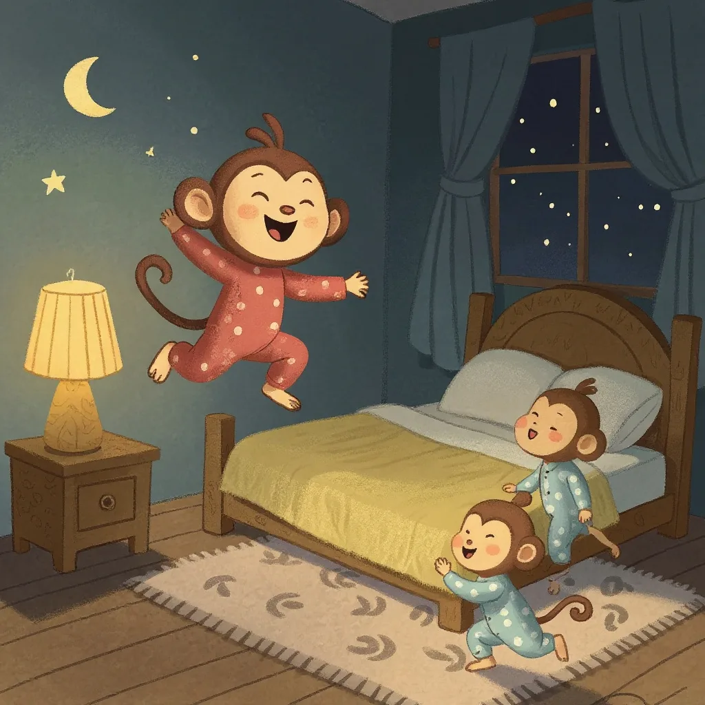 Two little monkeys jumping on the bed, One fell off and bumped his head.