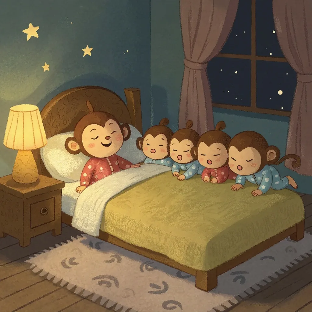One little monkey jumping on the bed, He fell off and bumped his head.