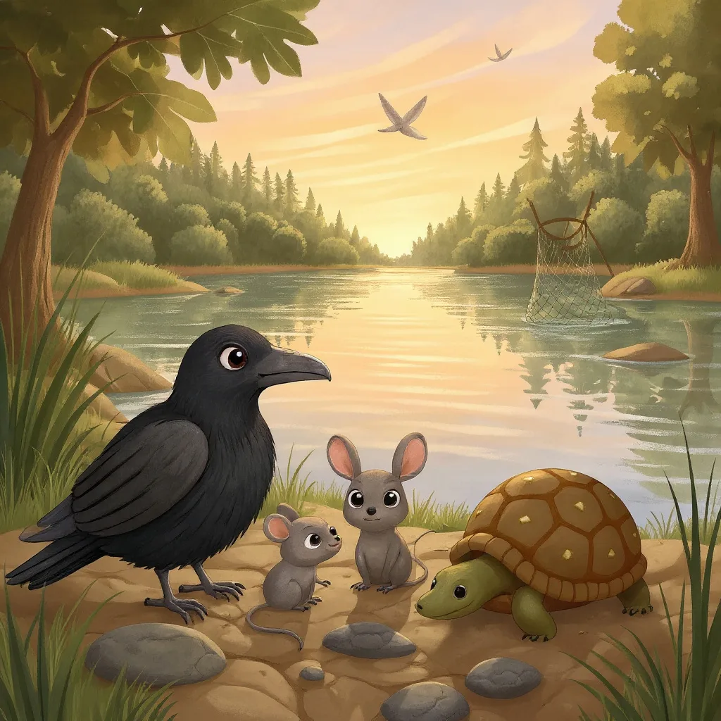 By a lake in a forest there lived four friends, which is an unusual number for animals of four different kinds: a crow, a…