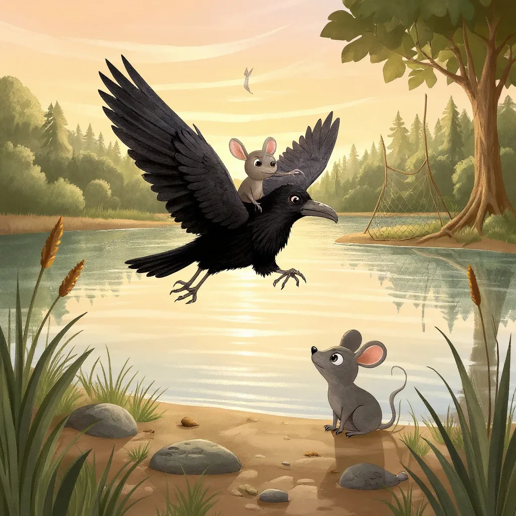 So the crow took the mouse on his back — which neither of them enjoyed — and set him down beside the net.