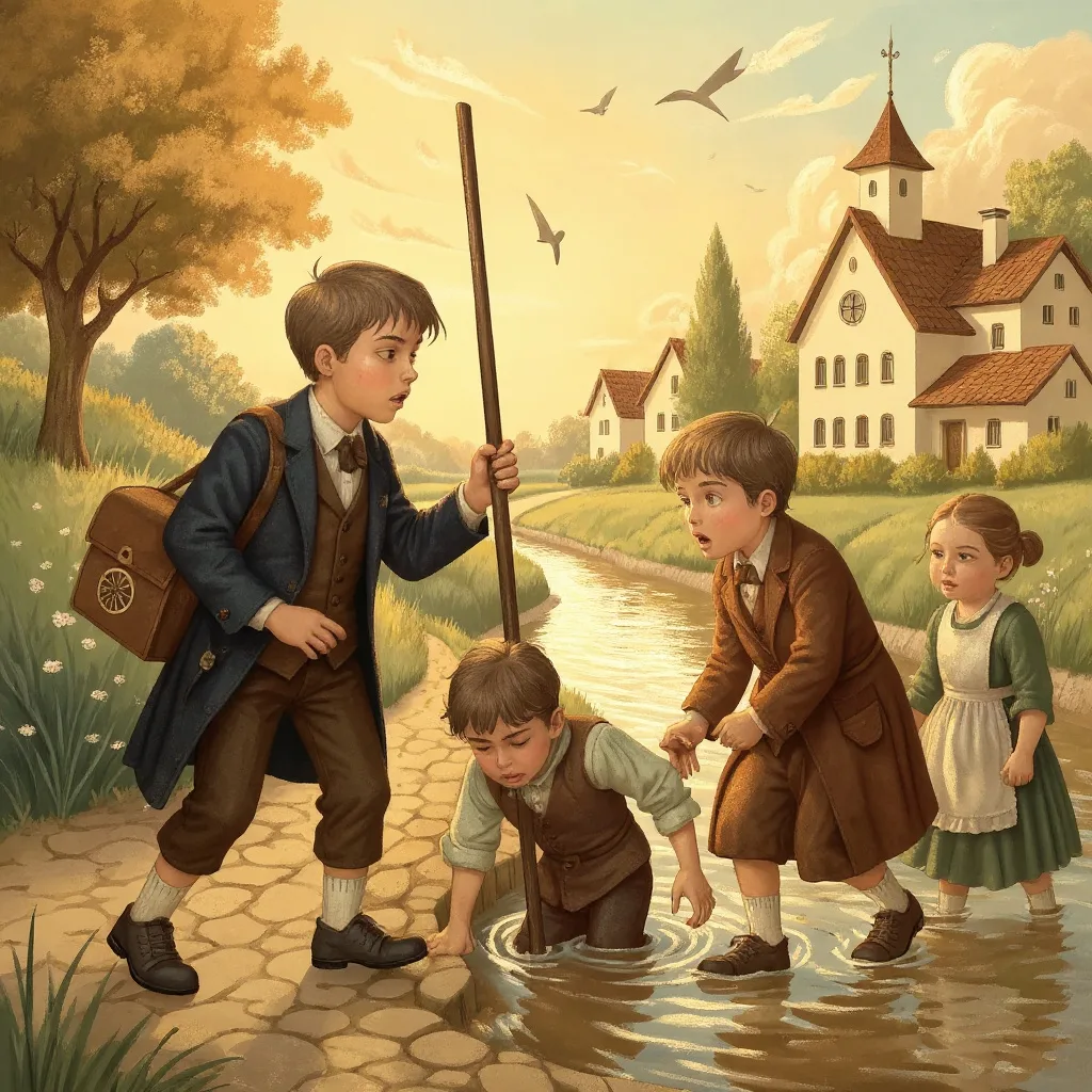 Doch zum Glück da kommen zwei Männer aus der Näh’ herbei, Und sie haben ihn mit Stangen Aus dem Wasser aufgefangen.