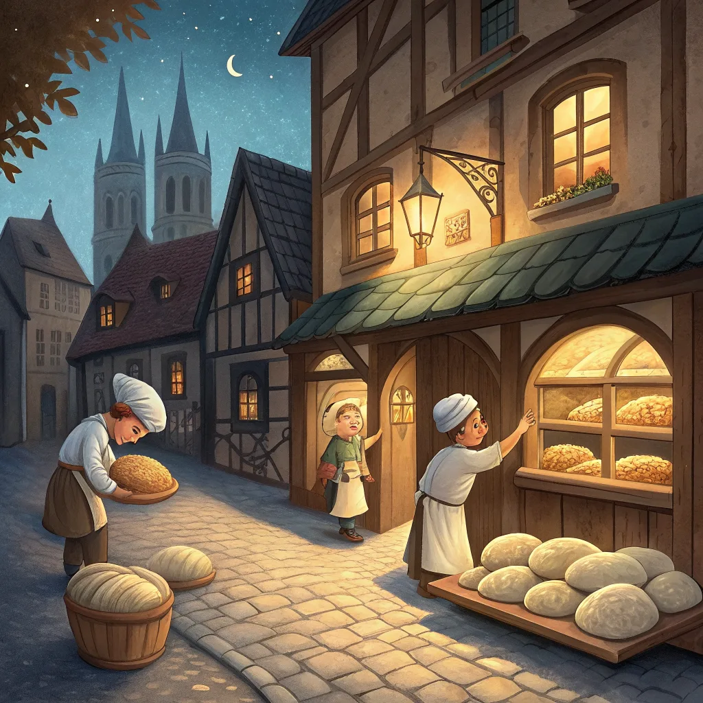 Beim Bäckermeister war nicht Not, Die Heinzelmännchen backten Brot.