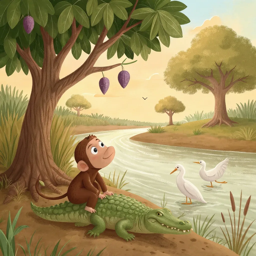 A crocodile came up onto the mud below one afternoon, and the monkey, who had more figs than he could eat, dropped a few down…