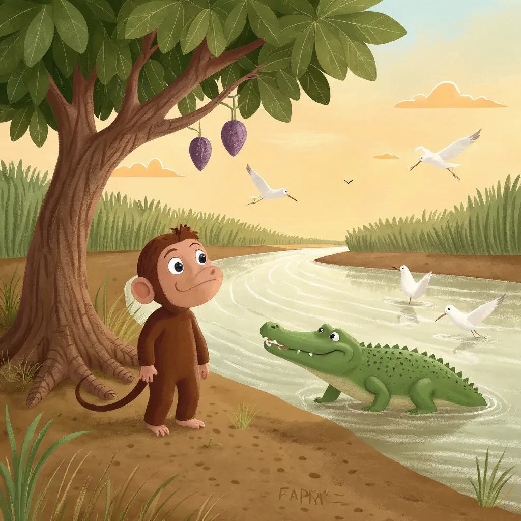 «Take some home for your wife,» said the monkey one evening, and filled the crocodile's mouth with the ripest ones.