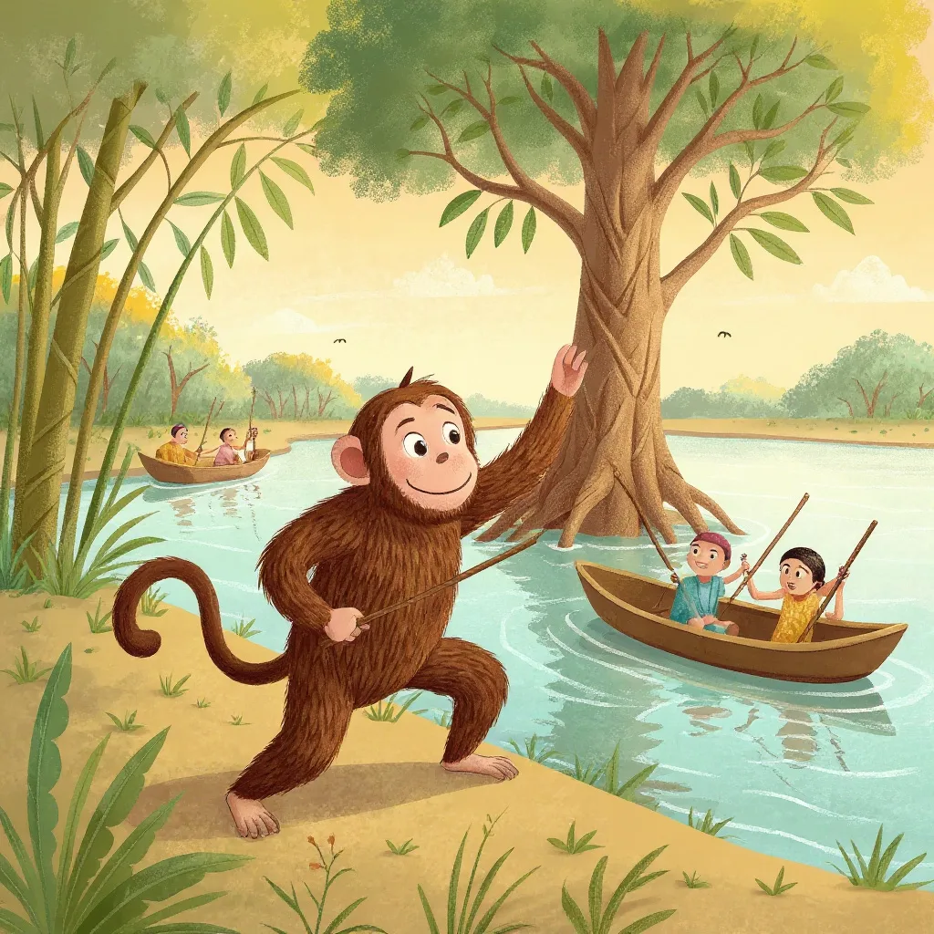 So the king came upriver with his men and his boats, and he found the tree, and he found the eighty thousand monkeys in it,…