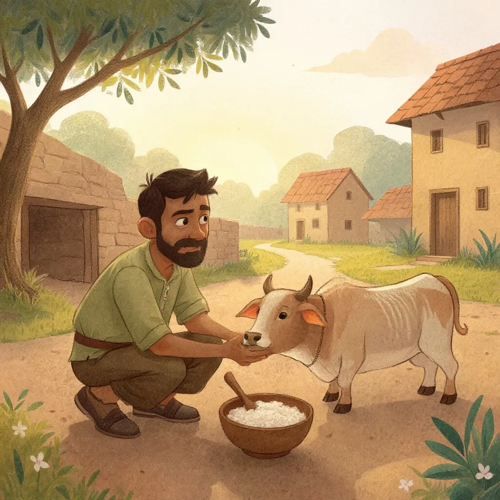 A man had an ox he had raised from a calf, and he had fed him on rice porridge and never once beaten him, and the ox was the…