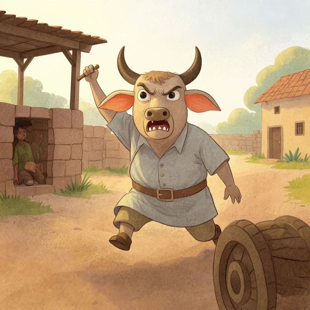 And then the man, who had never spoken to the ox that way in his life, picked up a stick and shouted: «Pull, you brute!