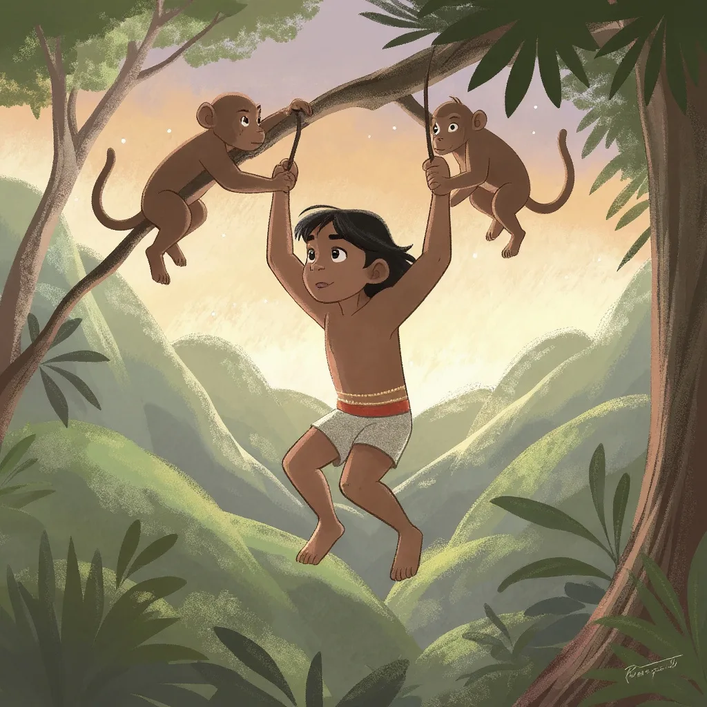 Una tarde de mucho calor Mowgli estaba tumbado entre las ramas y llegó el Pueblo de los Monos.
