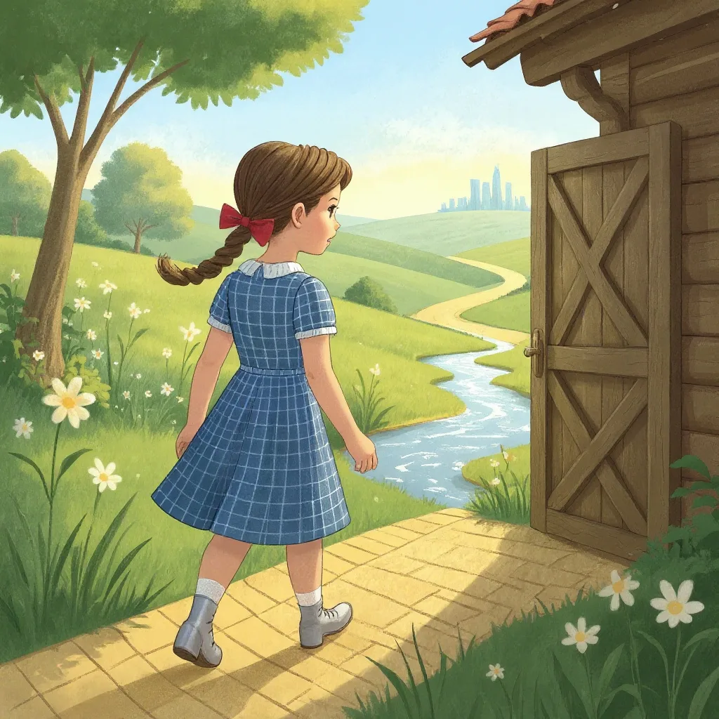 Fuera había un país de hierba verde, árboles altos y un arroyo que brillaba, y Dorothy no había visto nunca nada igual.