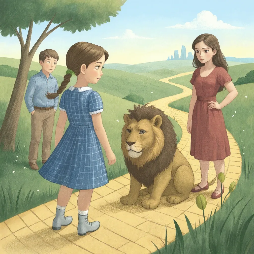 Entonces algo rugió y un León enorme saltó al camino y mandó al Espantapájaros por los aires.