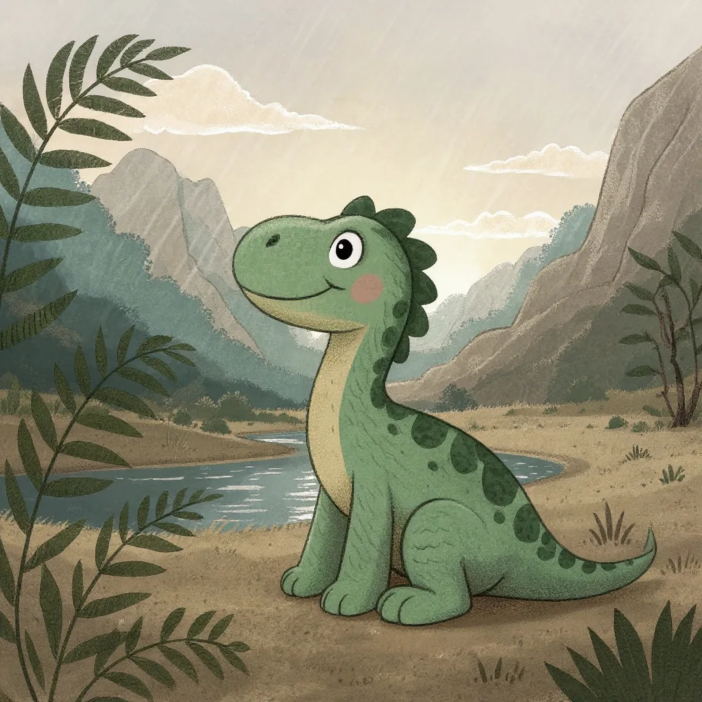 Tupsi era un dinosaurio pequeño de lomo verde y cola muy larga.