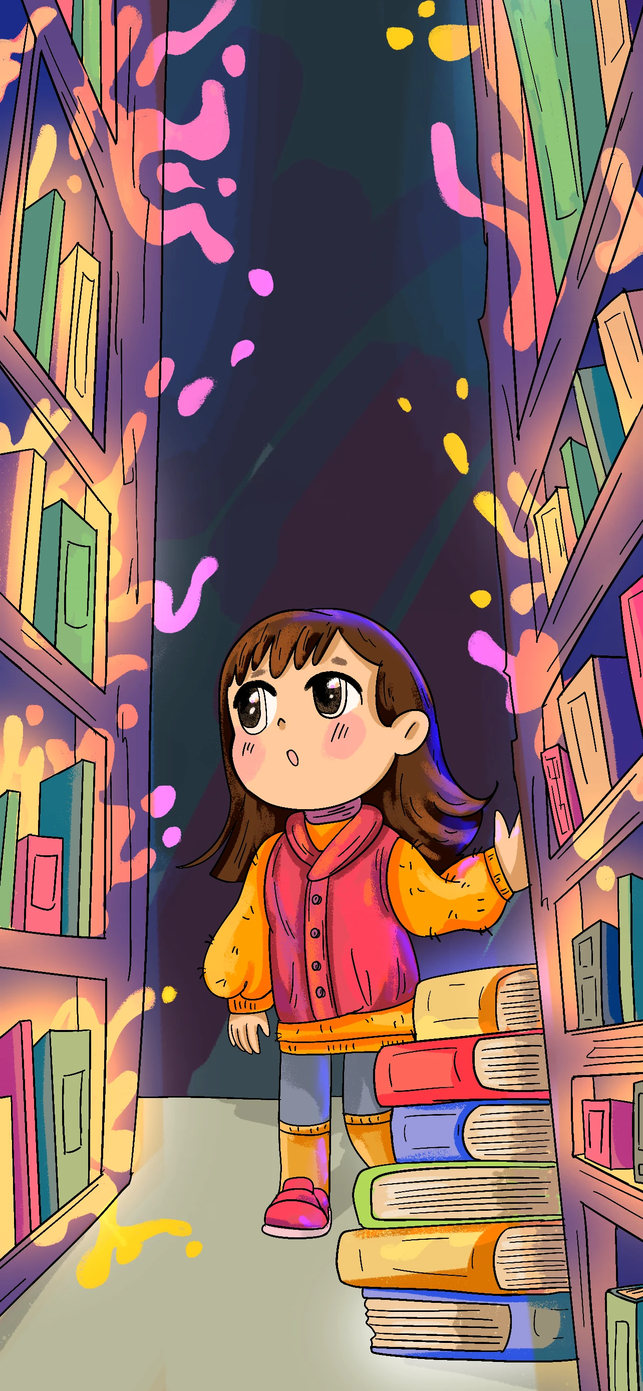 Nina espiou lá dentro e viu uma biblioteca enorme.